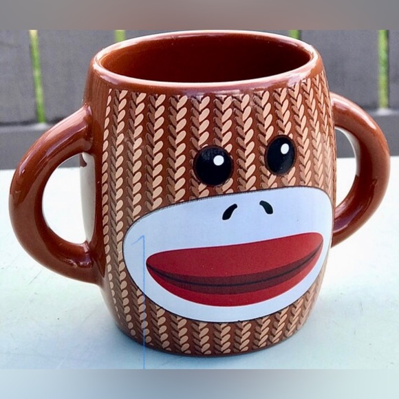 Gallerie SOCK MONKEY Double Jug Handle Brown 2 Side Cartoon Ceramic Coffee Mug - Picture 1 of 10